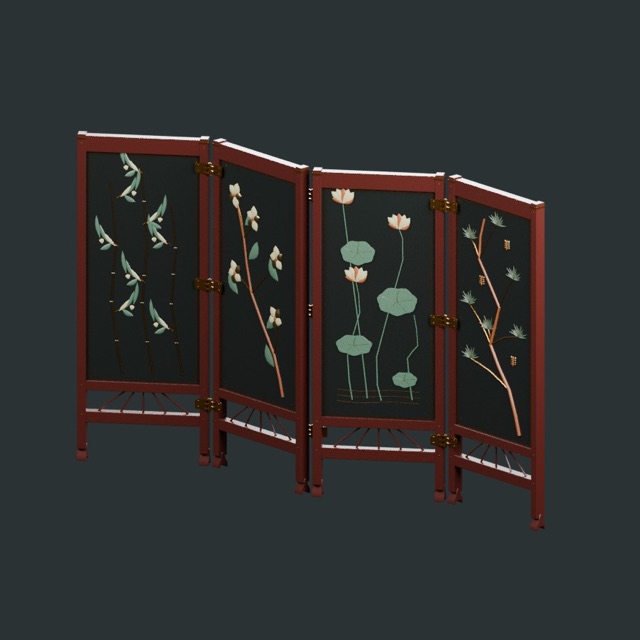 Gerenderte Vorschau des tatsächlichen 3D-Modells: Lackierter Paravent mit Einlegearbeiten