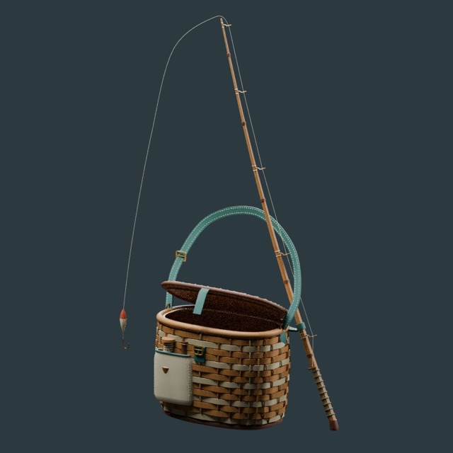 Render del modelo 3D real: Caña y cesta de pesca de arroyo