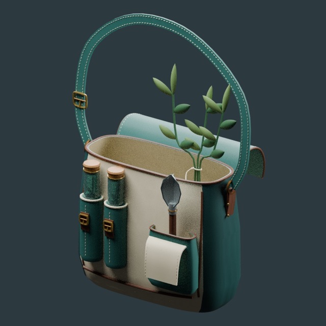 Render del modelo 3D real: Zurrón del recolector de hierbas