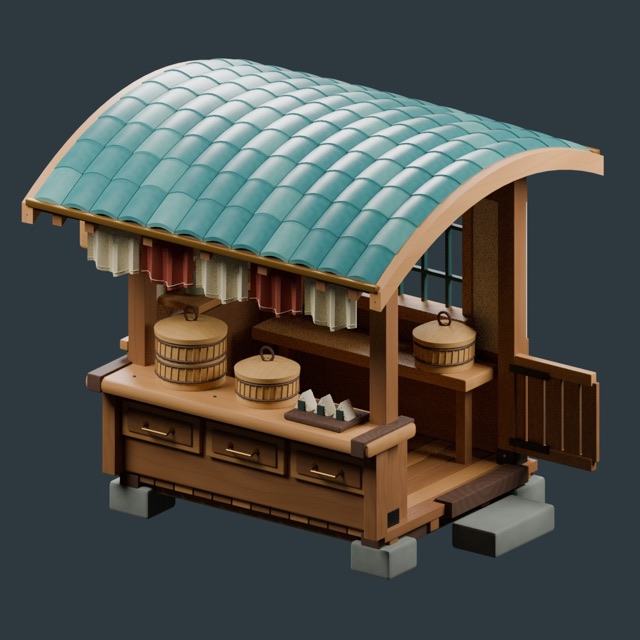 Render del modelo 3D real: Puesto de bolas de arroz