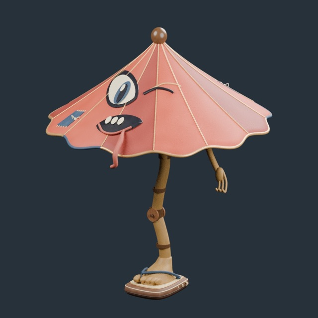 Render del modelo 3D real: Yōkai de paraguas