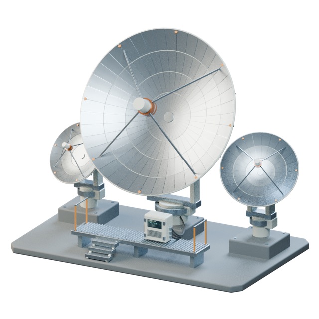 Render del modelo 3D real: Conjunto de antenas parabólicas de largo alcance