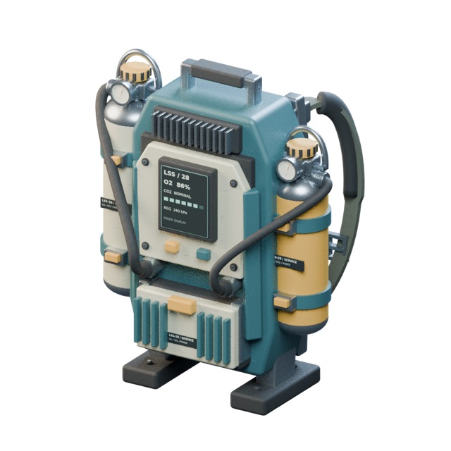 Render del modelo 3D real: Mochila de soporte vital para exotraje