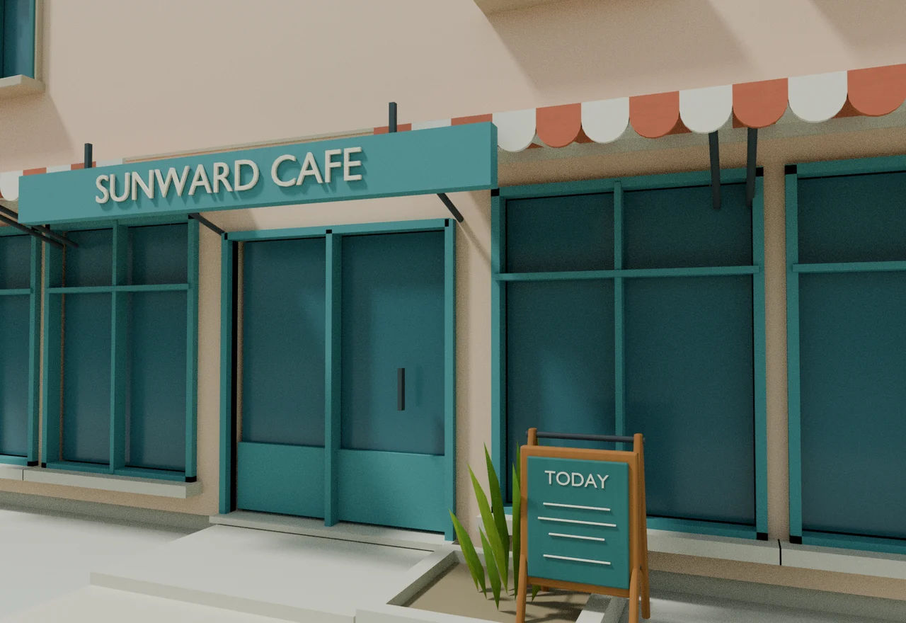 Sunward Cafe facade, awning and menu board