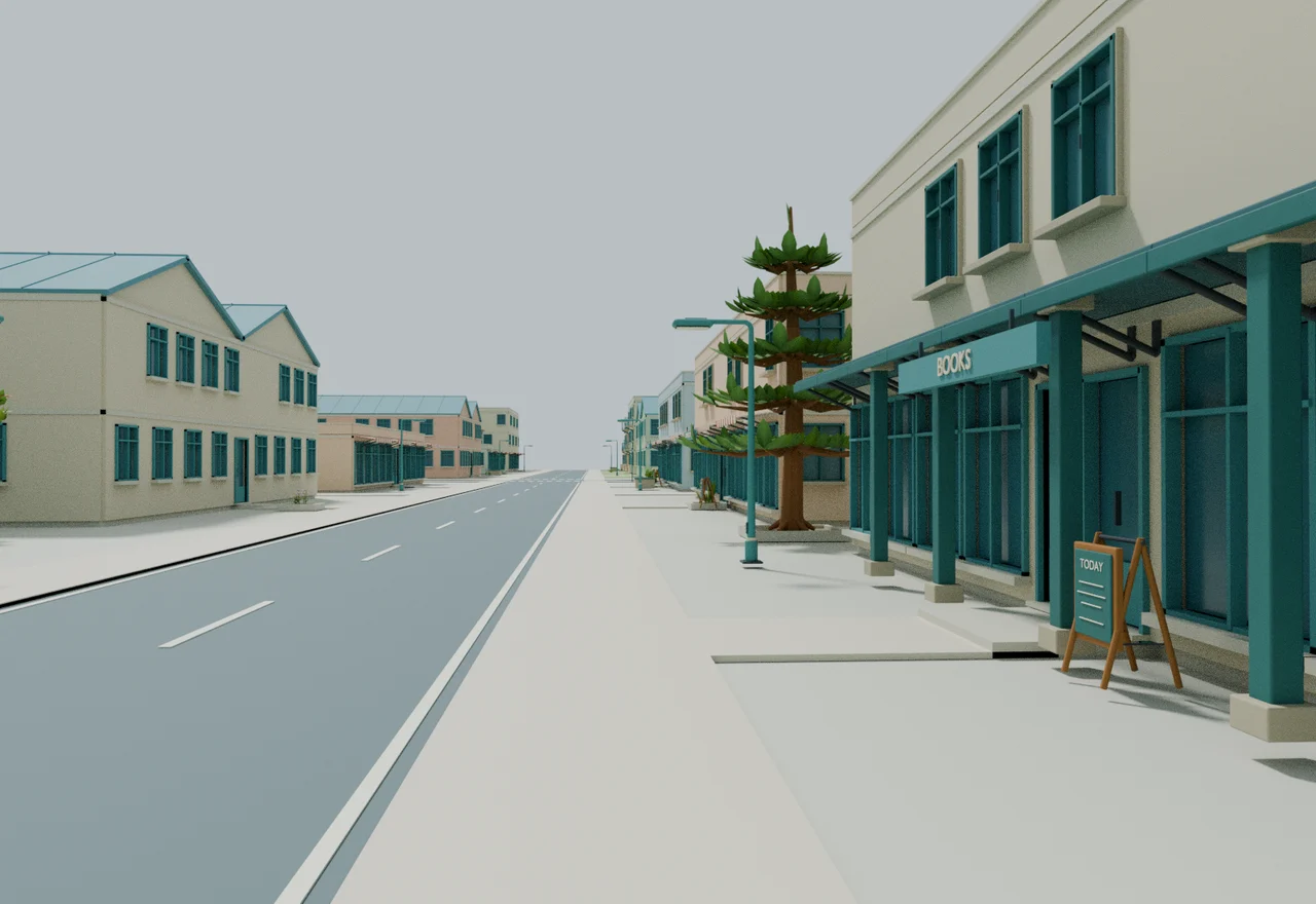 Shops and teal awnings along a Sunward street