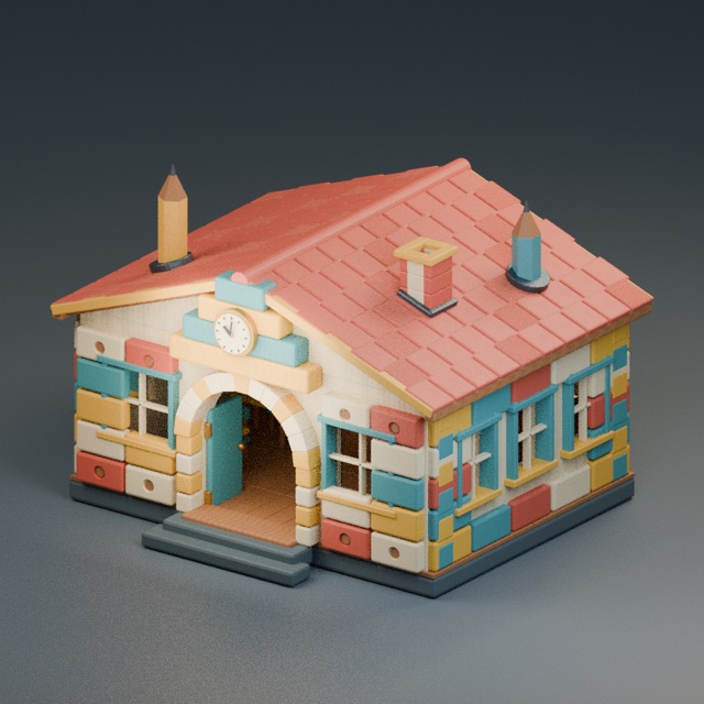 Gerenderte Vorschau des tatsächlichen 3D-Modells: Schulhaus aus Spielbausteinen